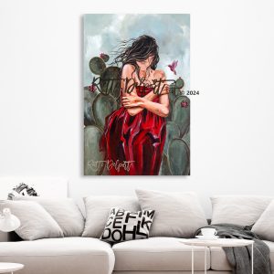 Girl in red dress with cactus